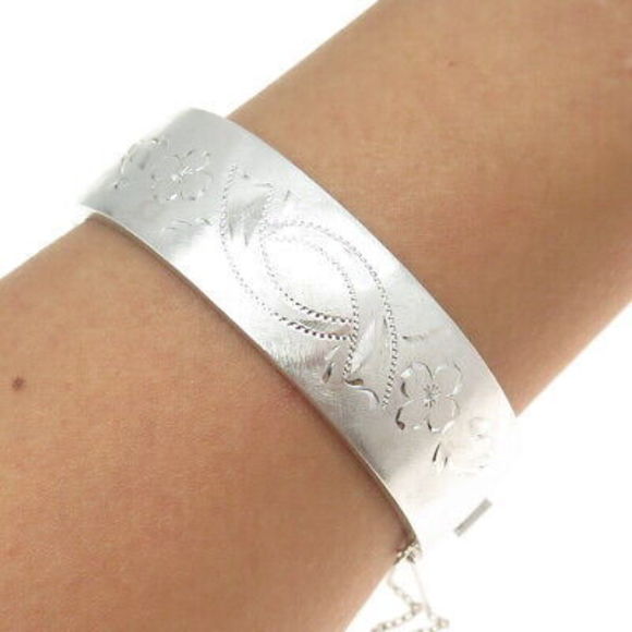 CT NS ATTCH 925 Sterling Silver Antique Art Deco Engraved Bangle Bracelet 7.5